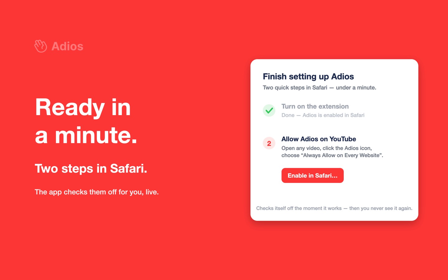 The Adios setup screen: ready in under a minute, two steps in Safari